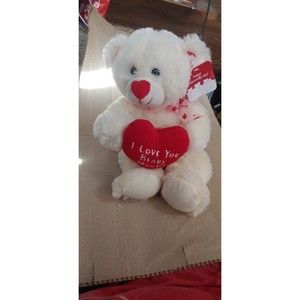 15 in white teddy bear with red heart says I love you BEARY much.. Valentine